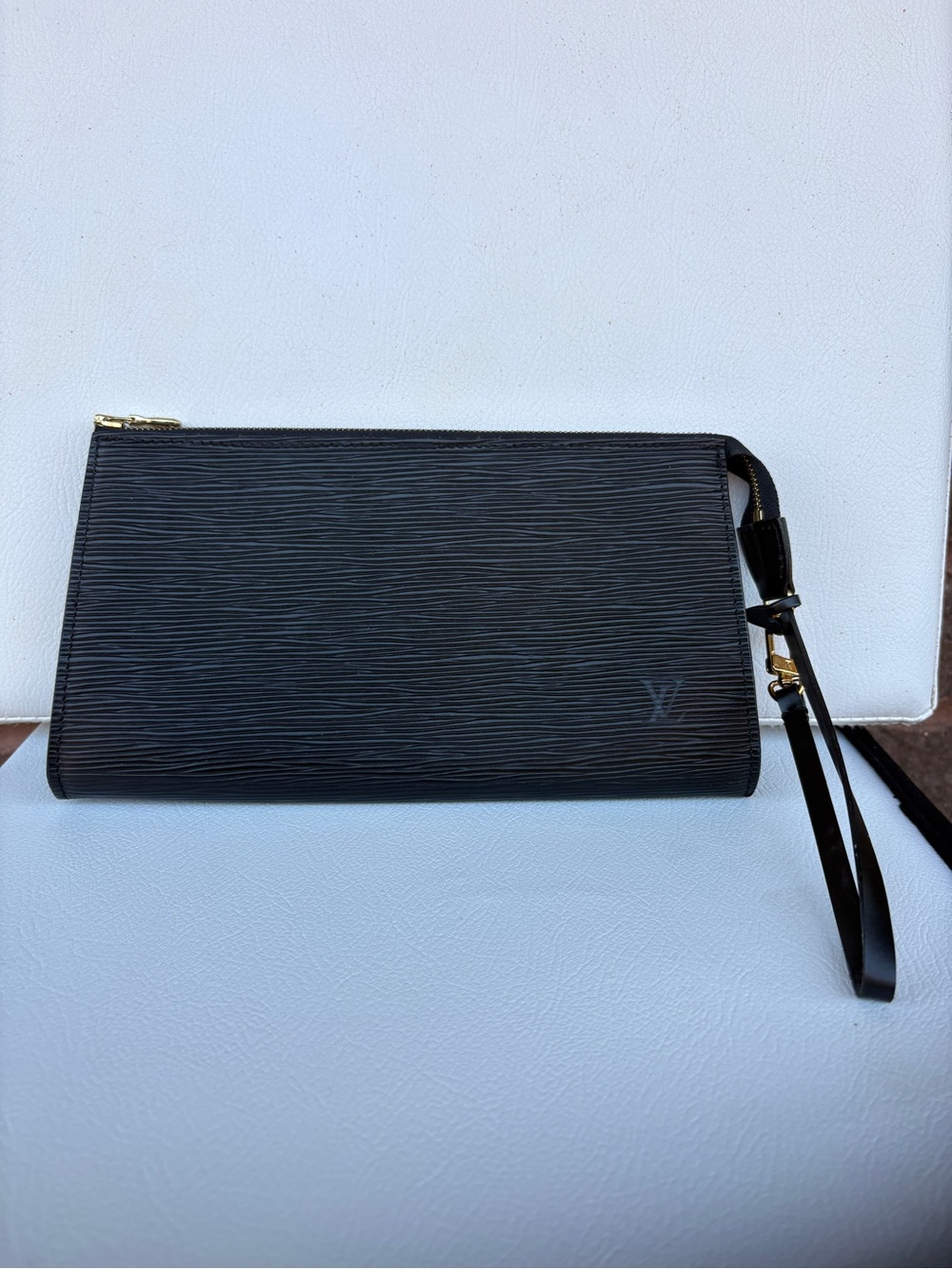 Black Epi Leather LV Wristlet with Gold Hardware